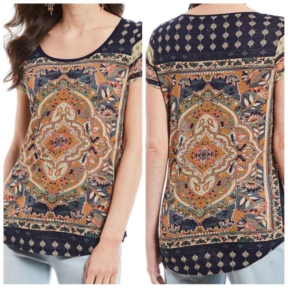 Lucky Brand Top Womens Blue Persian Rug Graphic Tee Short Sleeve Bohemian Small